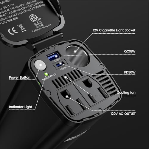 200W Power Inverter, 12V DC to 110V AC Car Plug Adapter Outlet Converter R60145