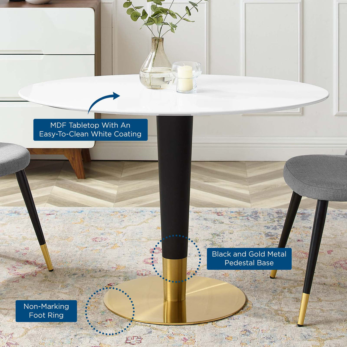 Oval Wood Metal Gold White Dining Table O47503