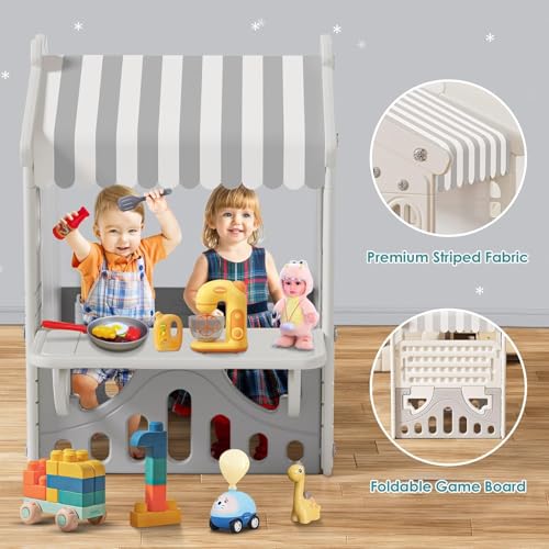 Kids Playhouse with Pretend Play Kitchen Toys Set Beige Gray X87239