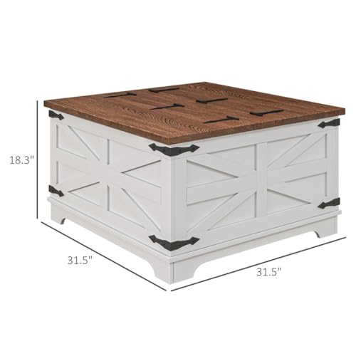 Distressed White & Brown Square Storage Coffee Table with Hinged Lift Top X4558