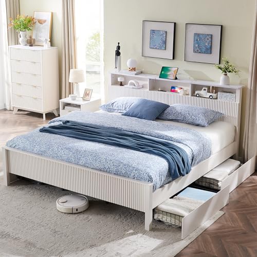 Dark Grey King Bed Frame with Bookcase Headboard and 4 Drawers R9751