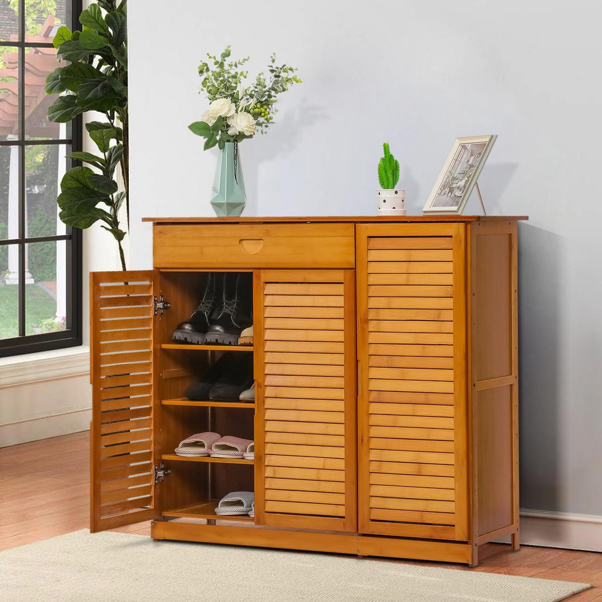 4 Tier Bamboo Shoe Storage Cabinet with Drawer & Shutter Door (Brown) X74257