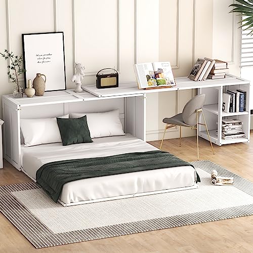 White Wood Queen Size Murphy Bed with Desk H115