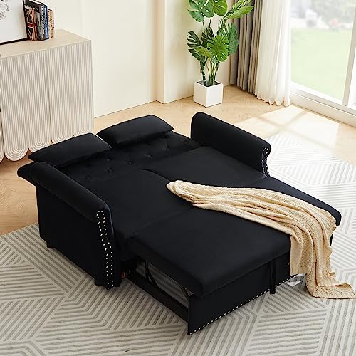 Black Velvet Convertible Sofa Bed with 2 Lumbar Pillows V914536