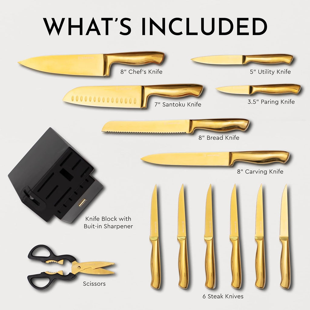 20 Piece Black and Gold Knife Set with Block Self Sharpening X914153