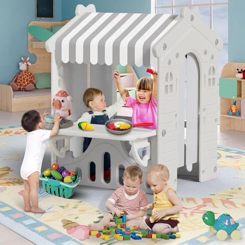 Kids Playhouse with Pretend Play Kitchen Toys Set Beige Gray X87239