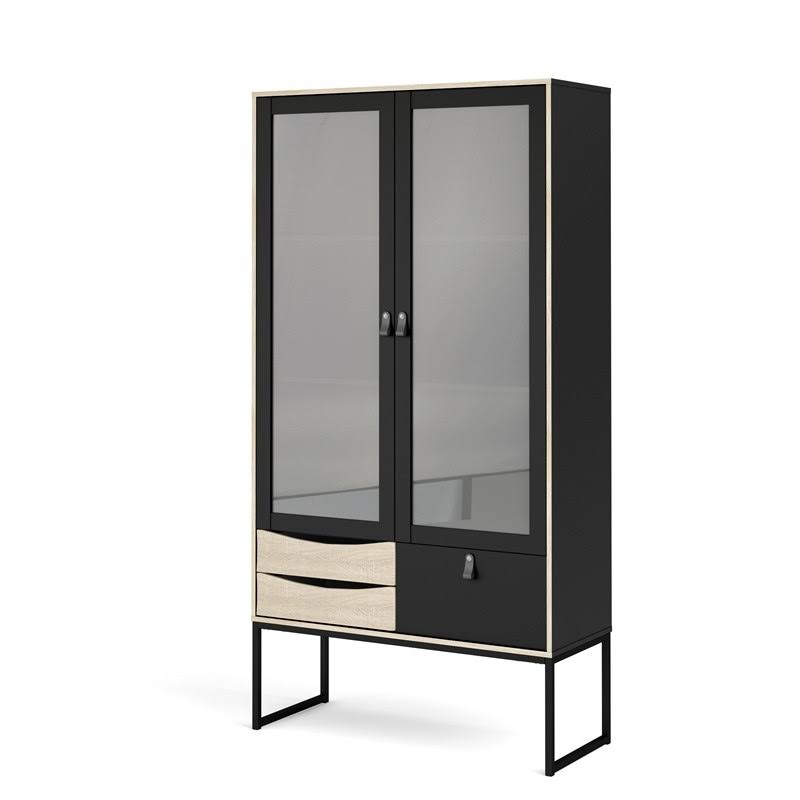 Black 2 Glass Door Cabinet with 3 Drawers N266