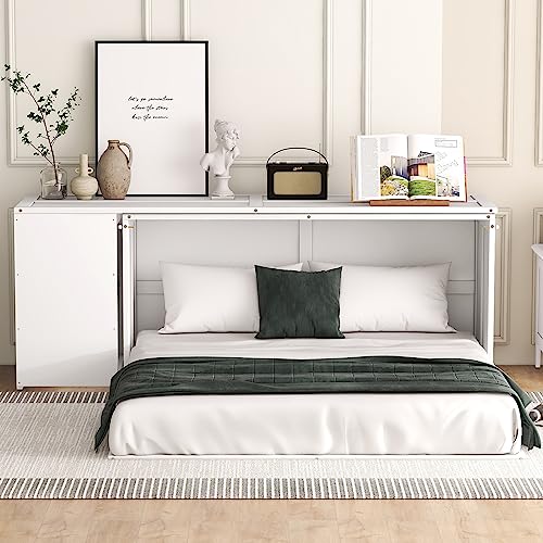 White Wood Queen Size Murphy Bed with Desk H115