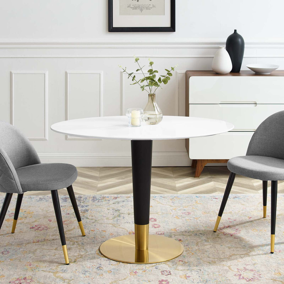 Oval Wood Metal Gold White Dining Table O47503