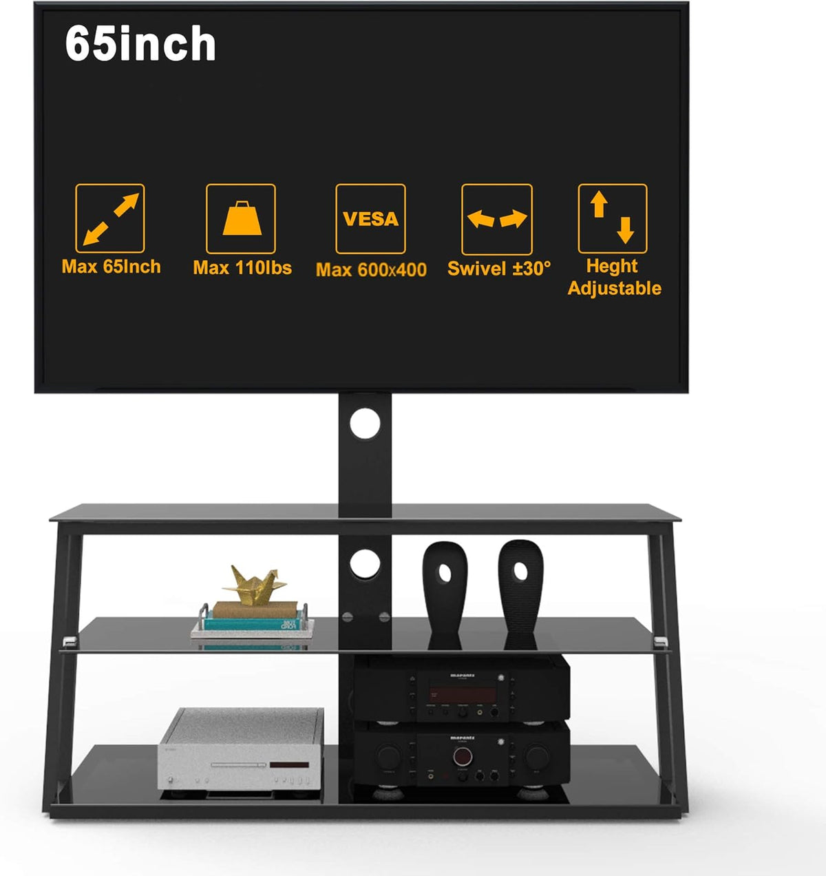 Angle and Height Adjustable Swivel TV Stand with Shelves D662