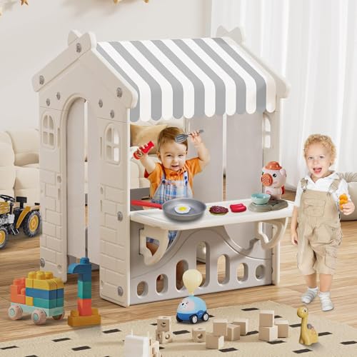 Kids Playhouse with Pretend Play Kitchen Toys Set Beige Gray X87239