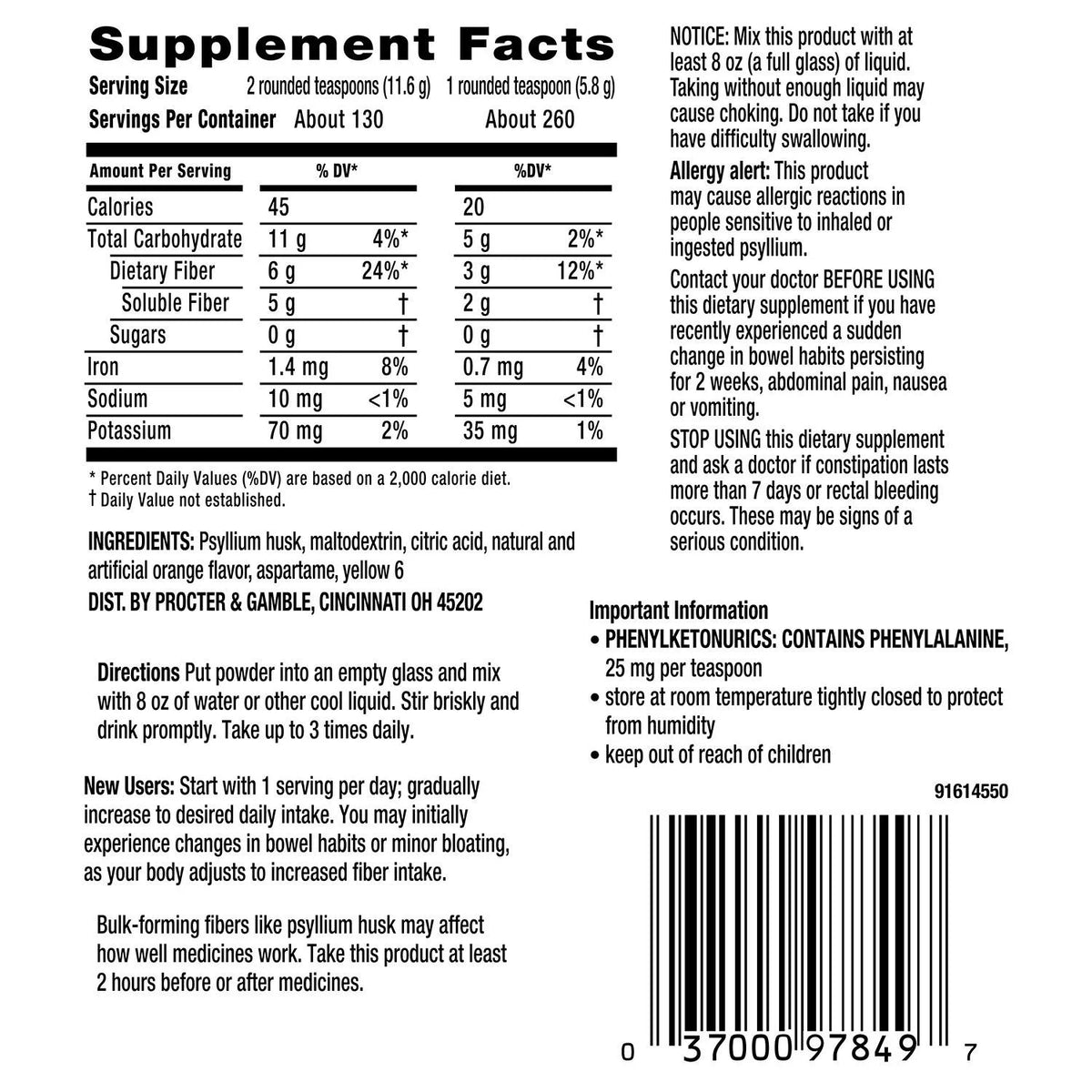 Orange Fiber Supplement Smooth Powder (260 doses) I568133