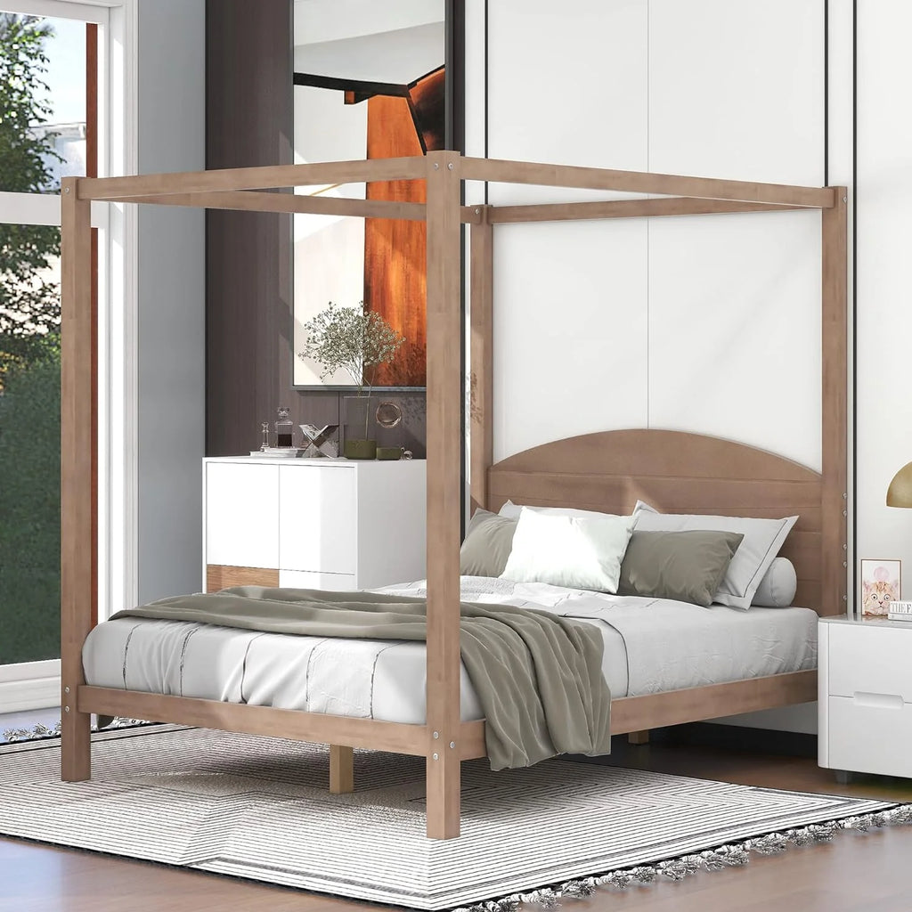 Brown Wash Queen Size 4-Post Canopy Bed Frame B6640