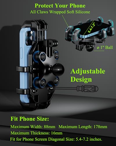 Motorcycle Phone Holder with Vibration Dampener, Adjustable Handlebar Cradle Fit 5.4''-7.2'' Smartphone R4746