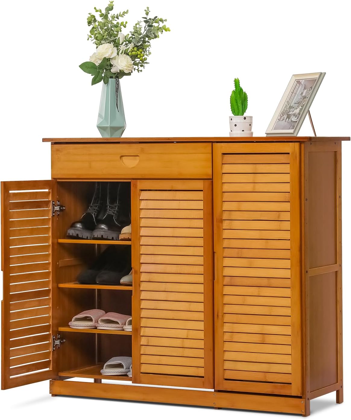 4 Tier Bamboo Shoe Storage Cabinet with Drawer & Shutter Door (Brown) X74257