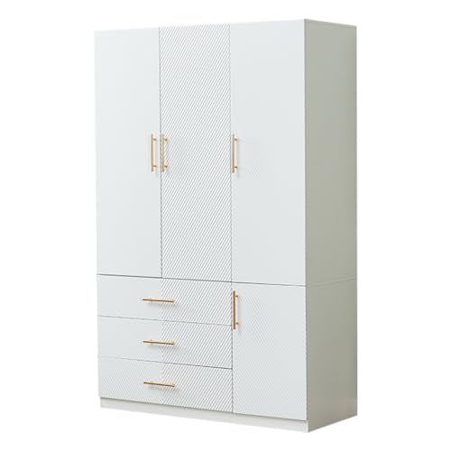 White 4 Doors 3 Drawers Wooden Closet Cabinet Wardrobe Armoire E390