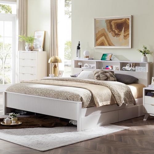 Dark Grey King Bed Frame with Bookcase Headboard and 4 Drawers R9751