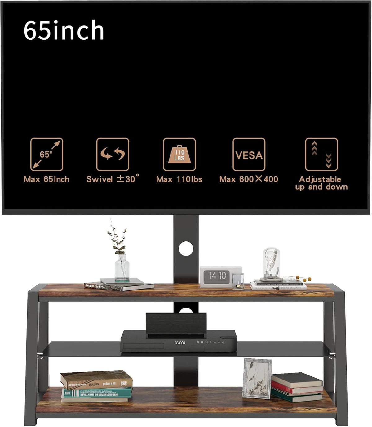 Angle and Height Adjustable Swivel TV Stand with Shelves D662