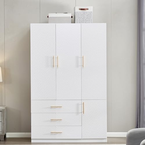 White 4 Doors 3 Drawers Wooden Closet Cabinet Wardrobe Armoire E390