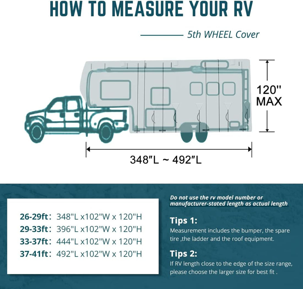 5th Wheel RV Cover with 2Pcs Extra Straps & 4 Tire Covers B29538