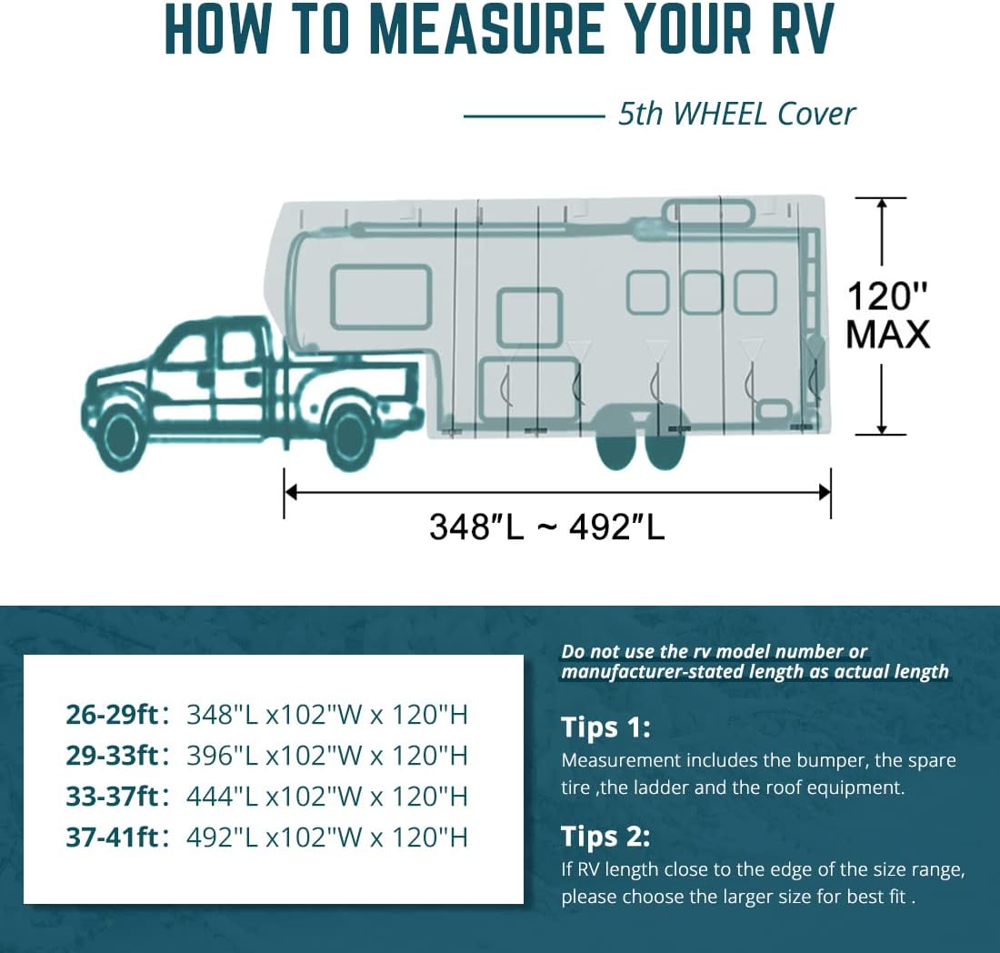5th Wheel RV Cover with 2Pcs Extra Straps & 4 Tire Covers B29538