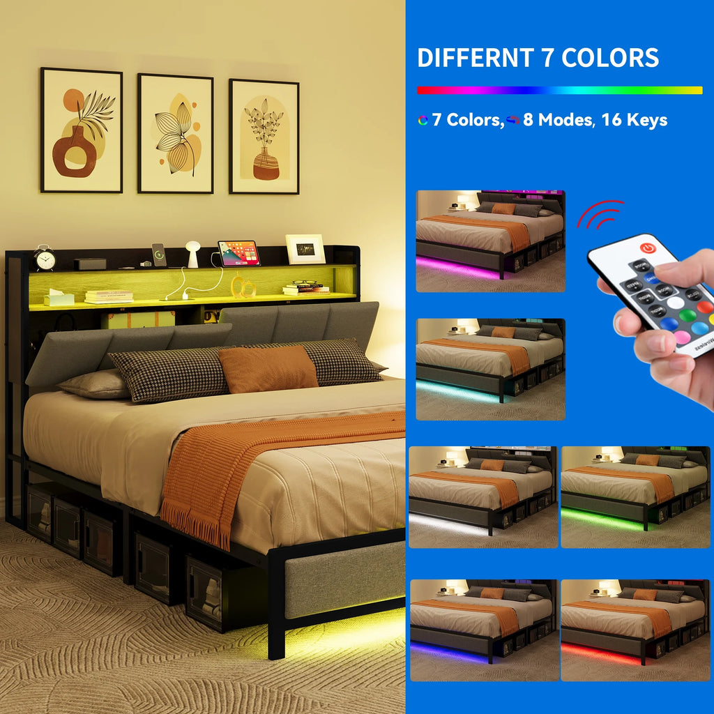 Gray LED Light Bed Frame with Storage and Upholstered Headboard N5202