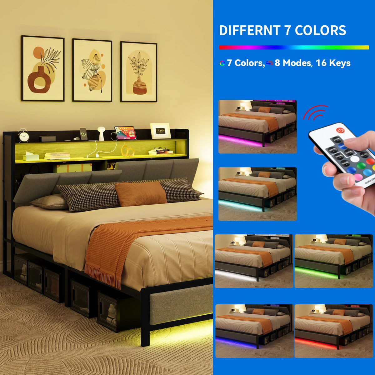Gray LED Light Bed Frame with Storage and Upholstered Headboard N5202