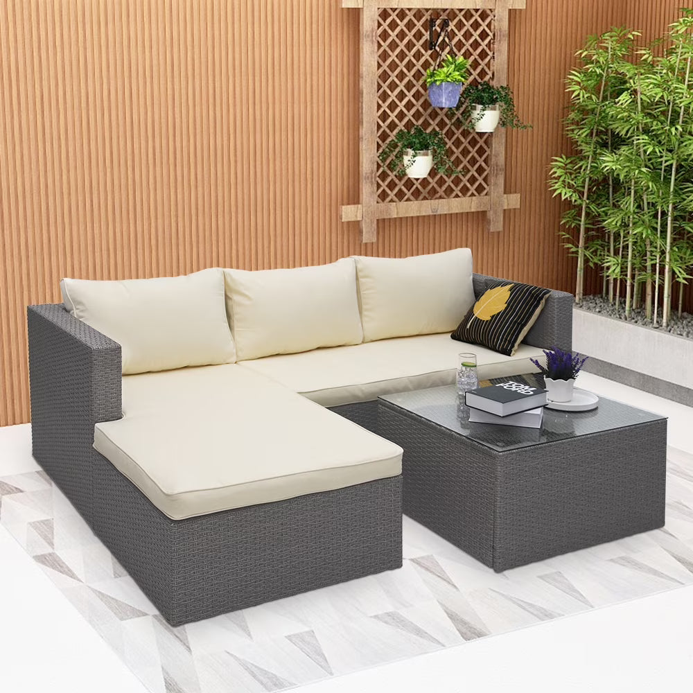 3 Piece Wicker Sectional Conversation Set with Cushions - Grey N642