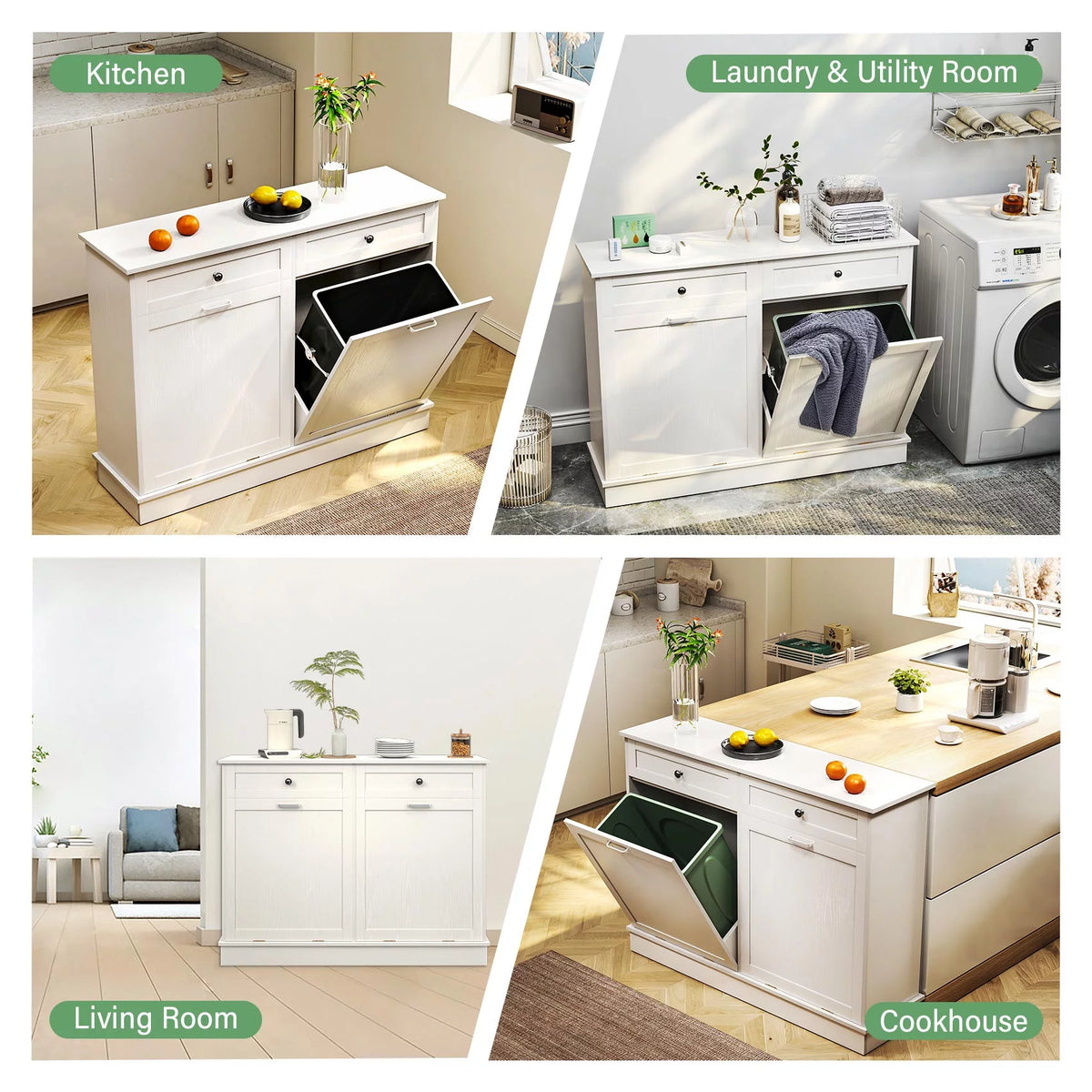 White Free Standing Tilt Out Trash Cabinet with Drawer R919