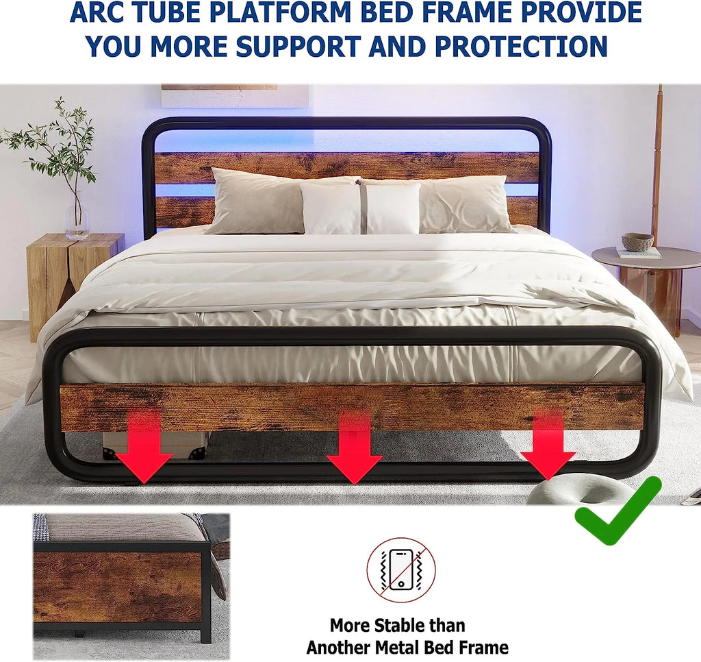 Queen Size Bed Frame with Wood Headboard and LED Lights U238424