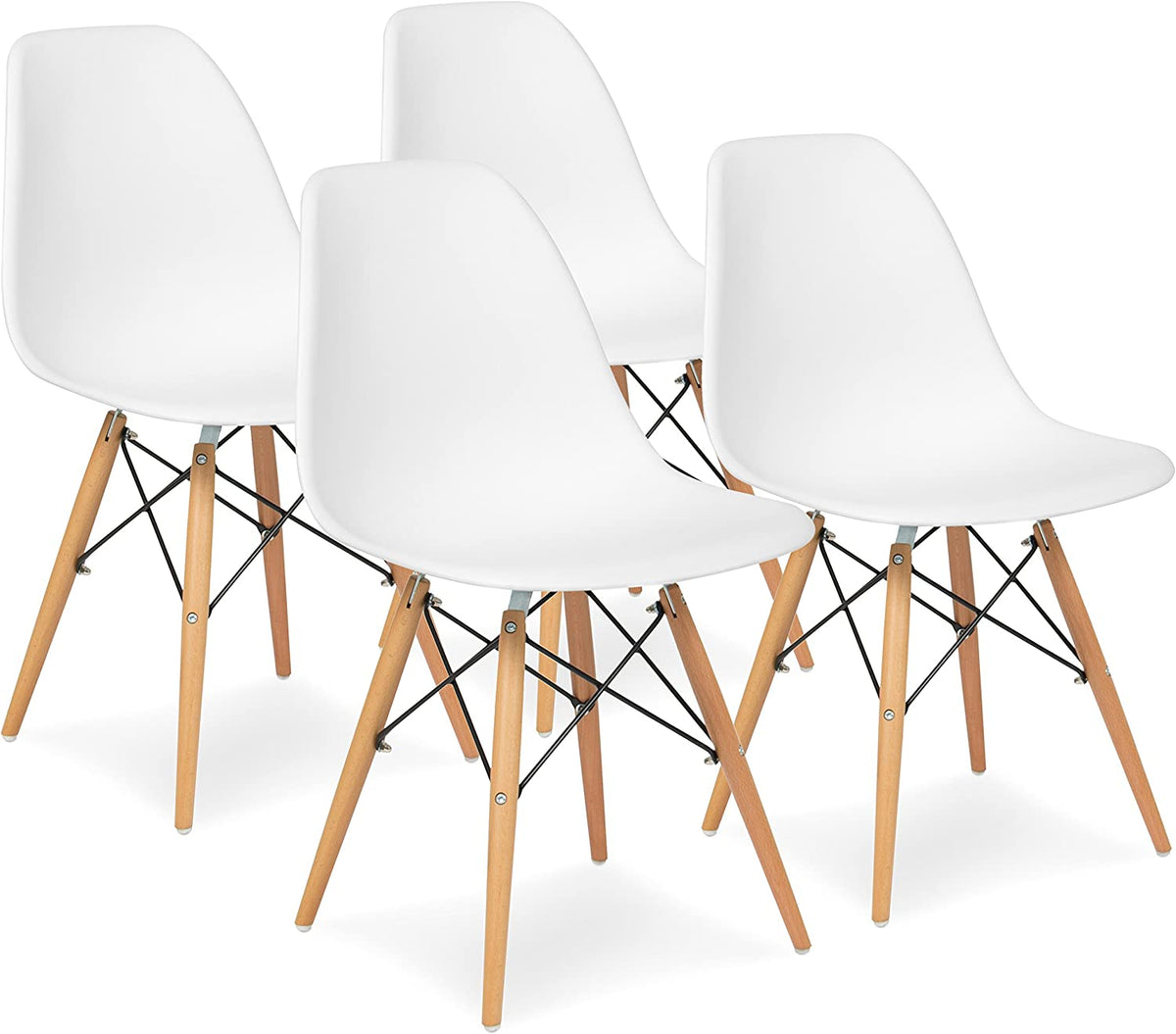 White Molded Plastic Dining Chairs with Wood Legs, Set of 4 U483