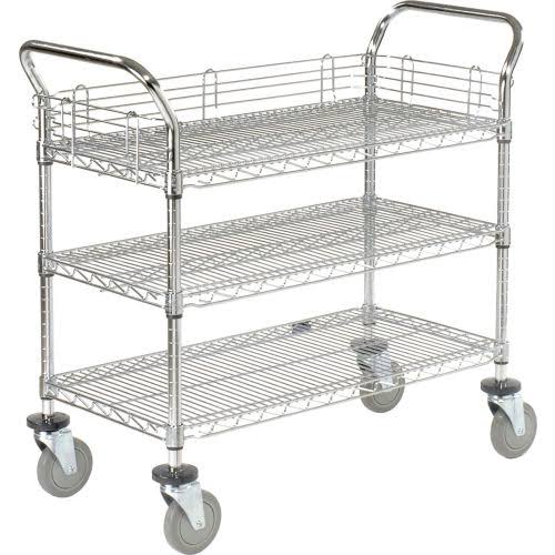 Utility Cart, 3 Shelf, Chrome, Polyurethane Casters U121