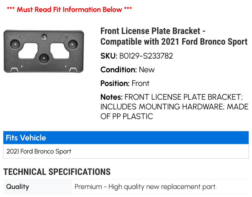 Front License Plate Bracket for 2021 Ford Bronco Sport L570