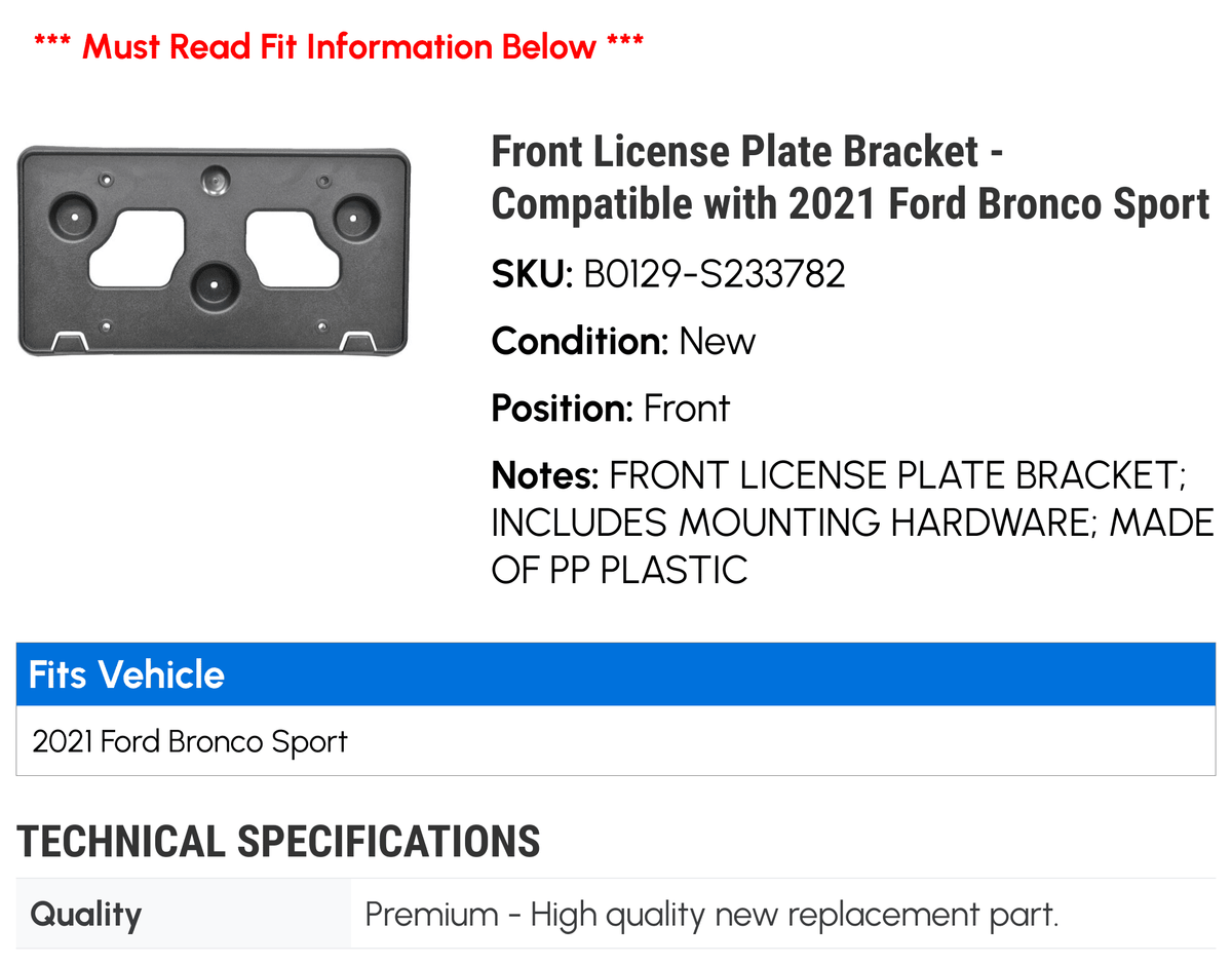 Front License Plate Bracket for 2021 Ford Bronco Sport L570