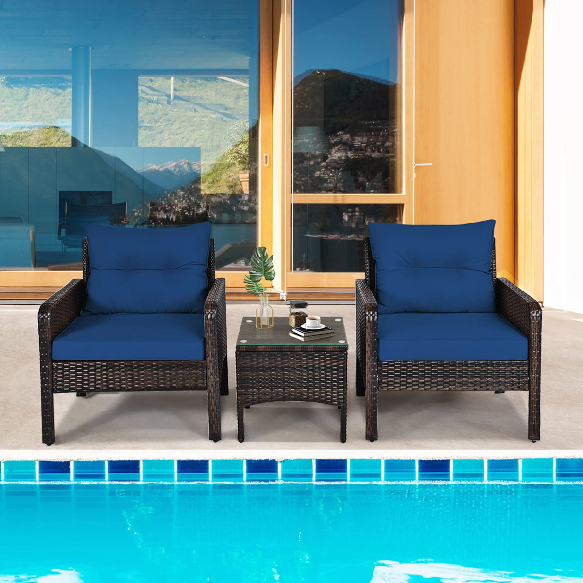 3 Pcs Rattan Patio Conversation Set with Navy Cushions F2137