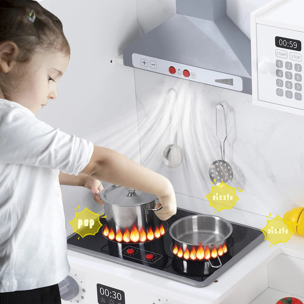 White Wooden Kids Kitchen Playset with 20 PCS Cookware Accessories Y39297