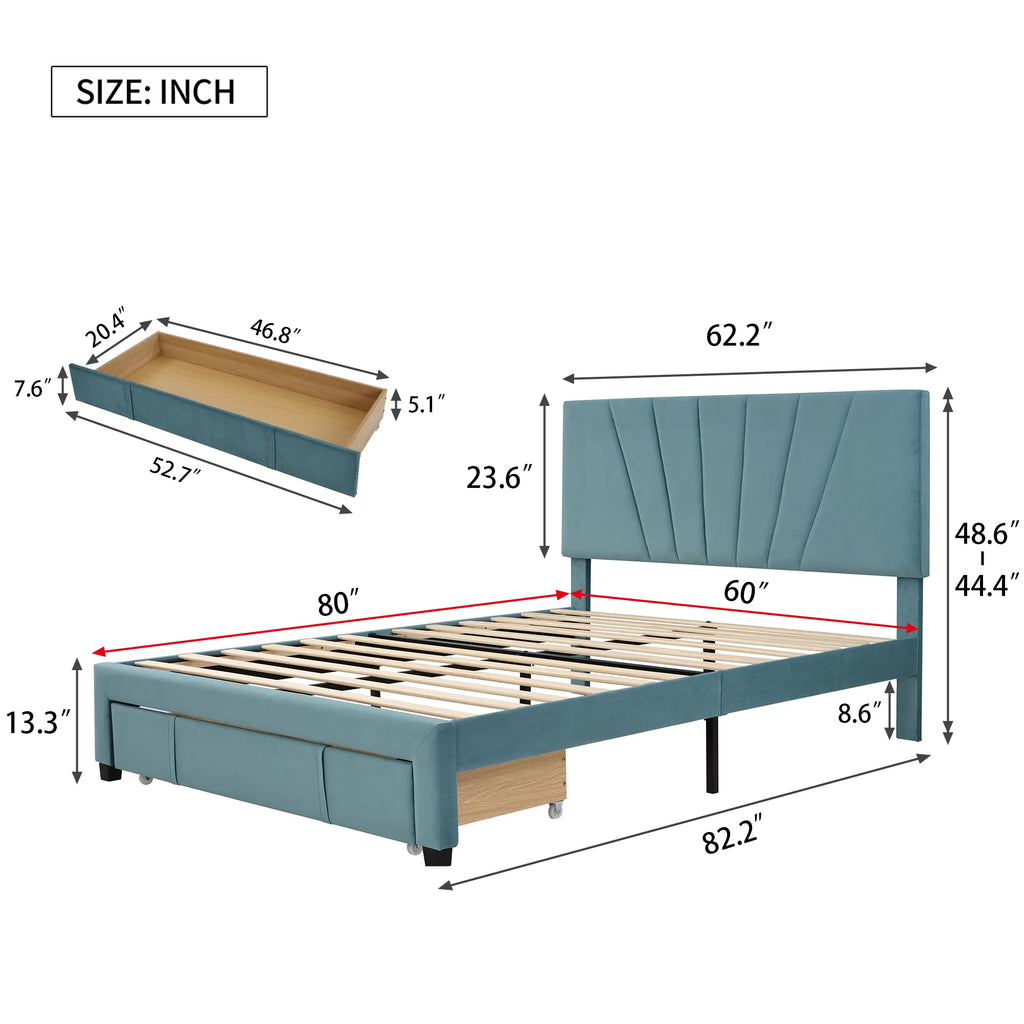 Queen Velvet Upholstered Platform Bed Frame with Drawer R43316
