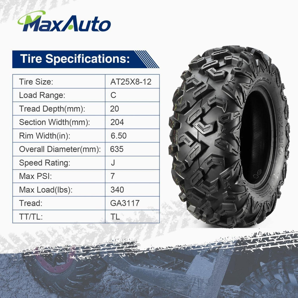 25x8-12 25x10-12 ATV Tires Set of 4, 6PR, Tubeless, 0.8" Tread Depth J68466