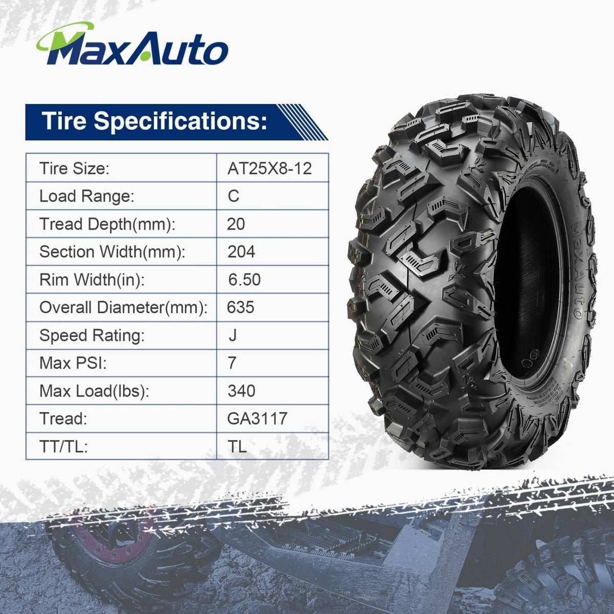 25x8-12 25x10-12 ATV Tires Set of 4, 6PR, Tubeless, 0.8" Tread Depth J68466