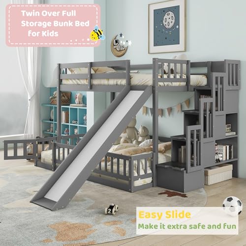 Twin Over Full Bunk Beds with Slide and Stairs, Wood Bunk Bed with Storage Staircase, Gray X991460