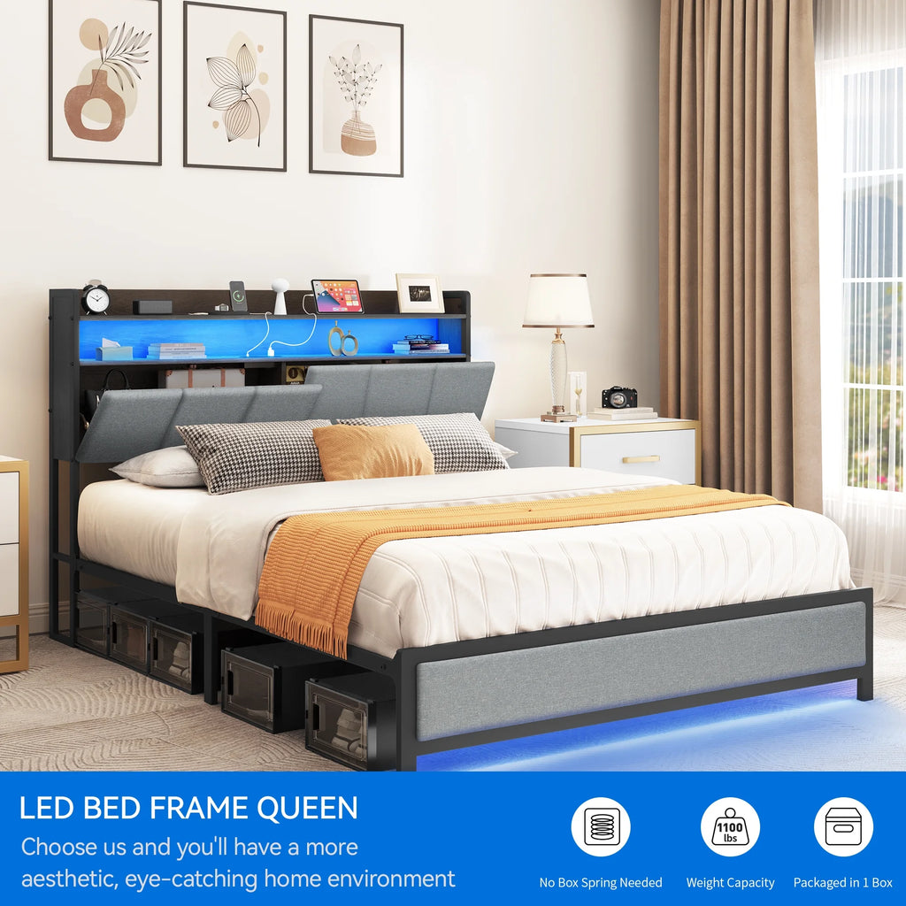 Gray LED Light Bed Frame with Storage and Upholstered Headboard N5202
