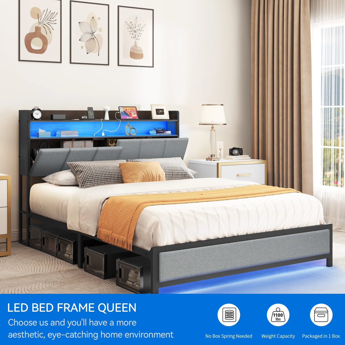 Gray LED Light Bed Frame with Storage and Upholstered Headboard N5202
