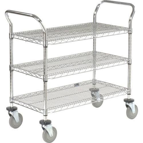 Utility Cart, 3 Shelf, Chrome, Polyurethane Casters U121