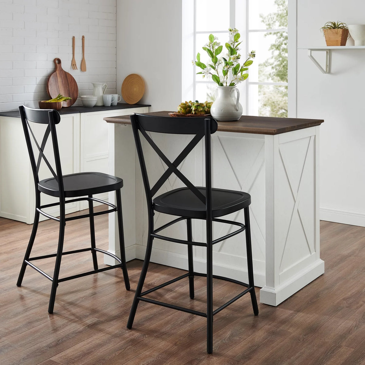 Distressed White/Black Kitchen Island & 2 Stools I288622