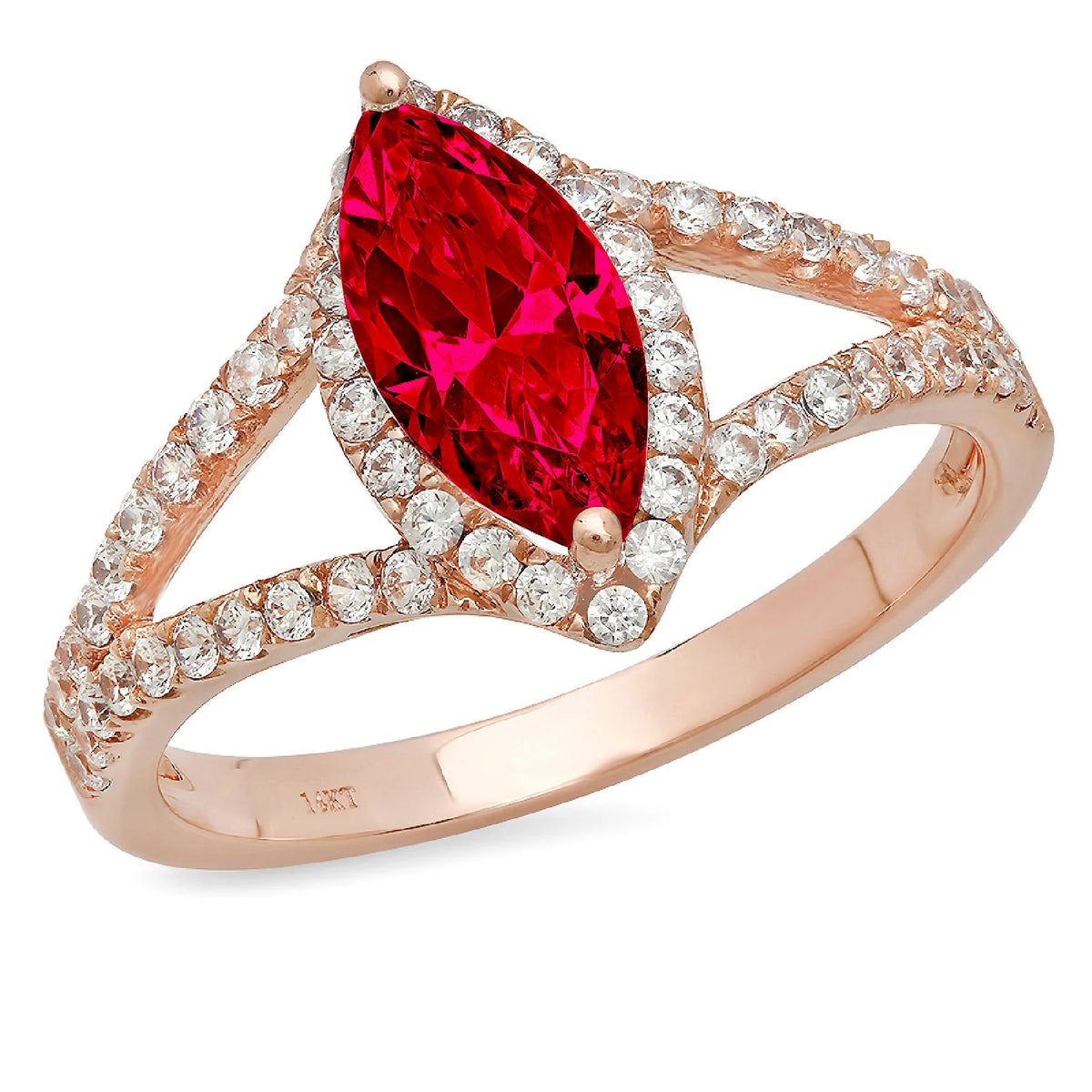Marquise Cut Red Simulated Ruby 18k Pink Rose Gold Halo Ring W697420