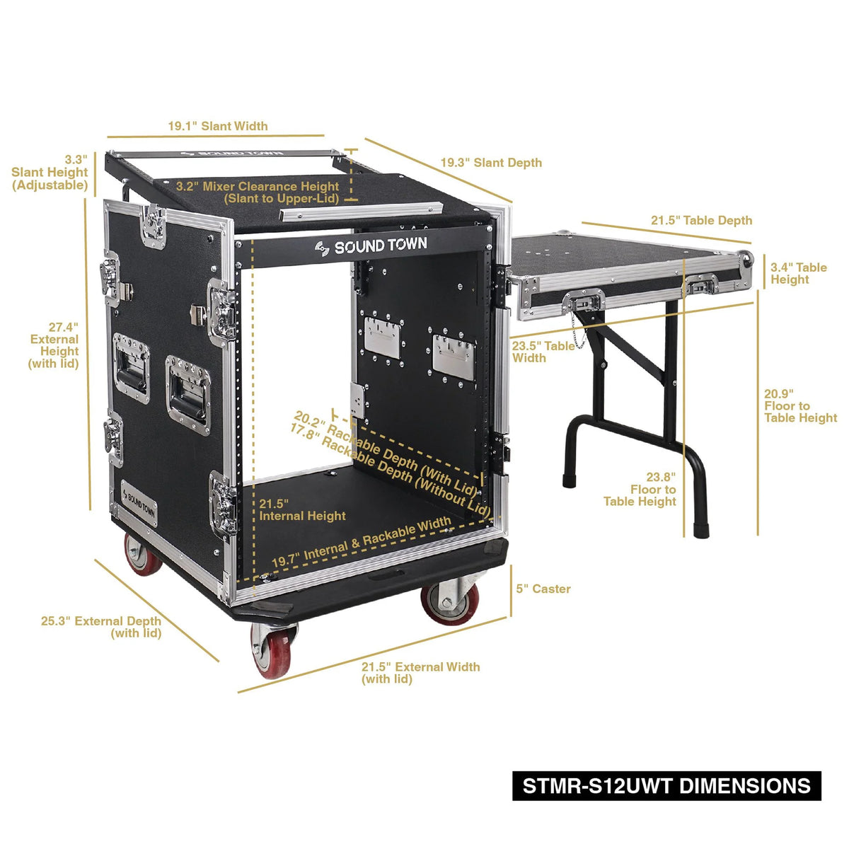12U PA DJ Pro Audio Rack Road ATA Case with 11U Slant Mixer Top, Locking Drawer, Side Table, 20’’ Rackable Depth and Casters I646866