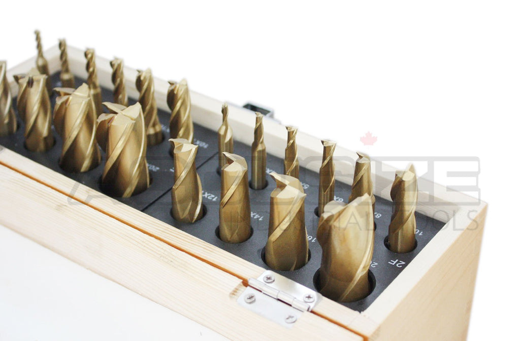 20 Pc H.S.S. Tin Coated End Mill Set, Metric Size, 2 Flute and 4 Flute Q515
