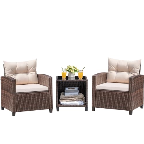 3 Pieces PE Rattan Wicker Patio Furniture Set with Chairs and Table L43301