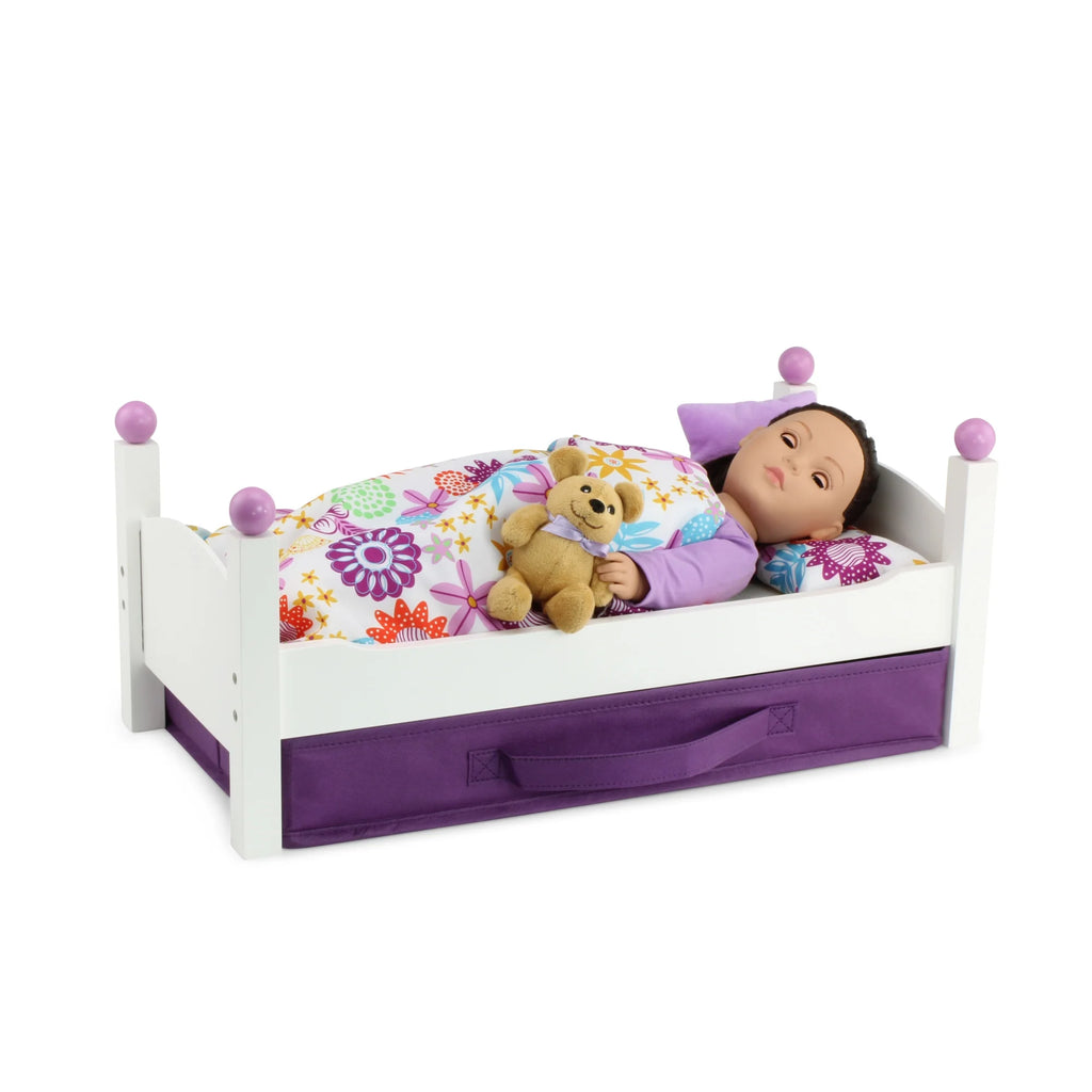 18 Inch Doll Bed with Fabric Storage Bin and Reversible Doll Bedding M29180