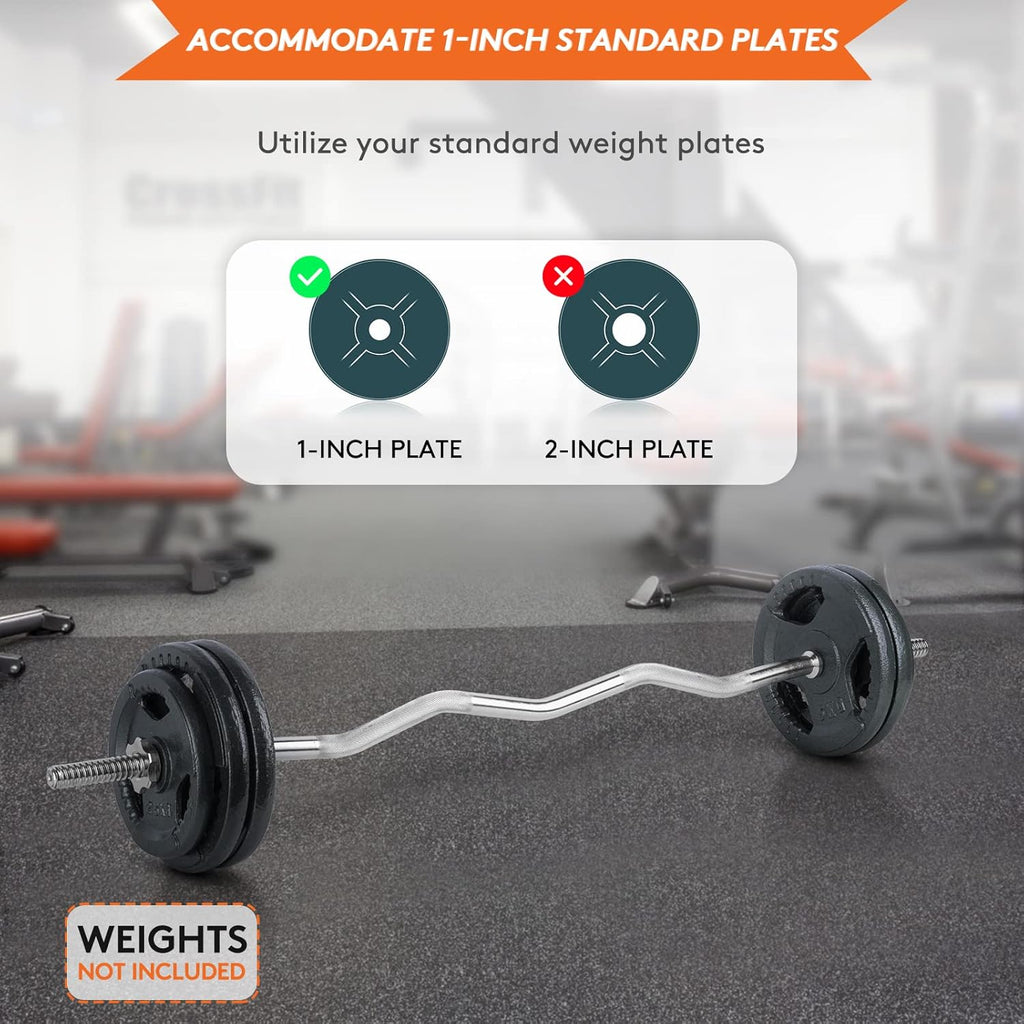 47" Standard Threaded EZ Curl Barbell Bar for 1-inch Weight Plates, 2 Collars Included O17372